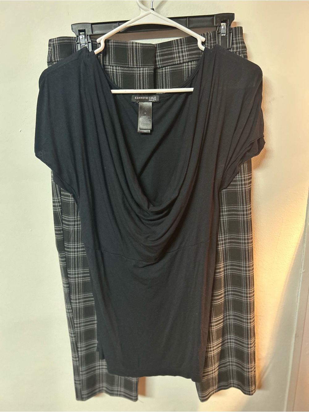 Kenneth Cole Black Cowl Neck Top + 
LOFT Black and Gray Plaid Cropped Pants